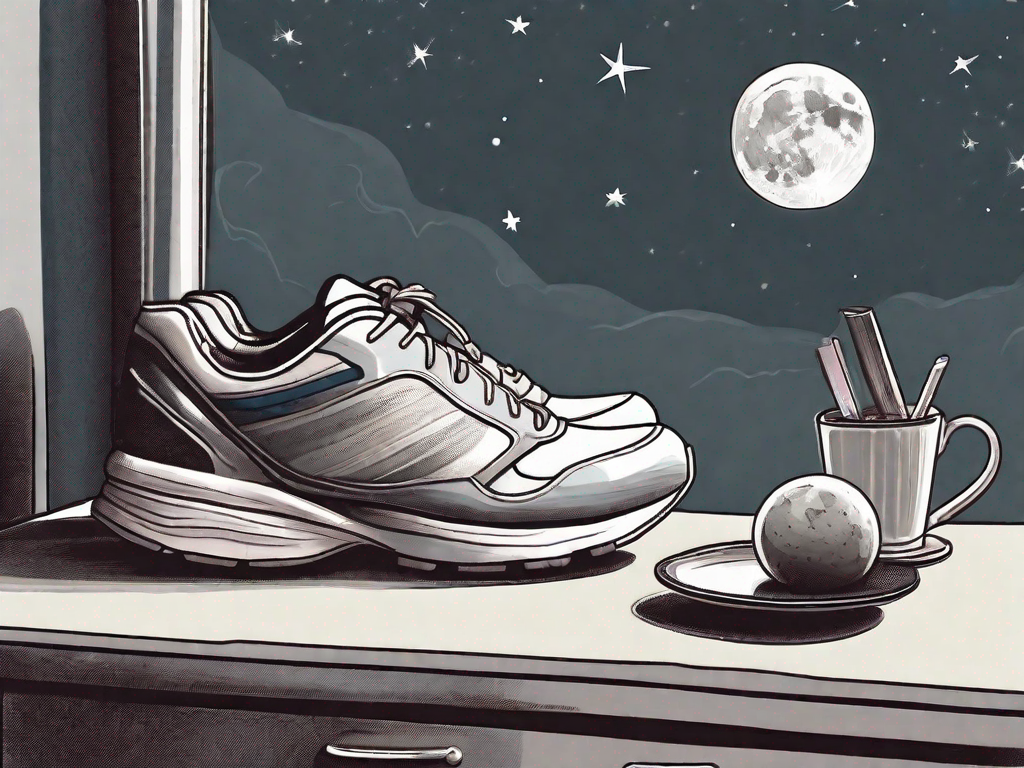 A pair of running shoes next to a nightcap on a bedside table