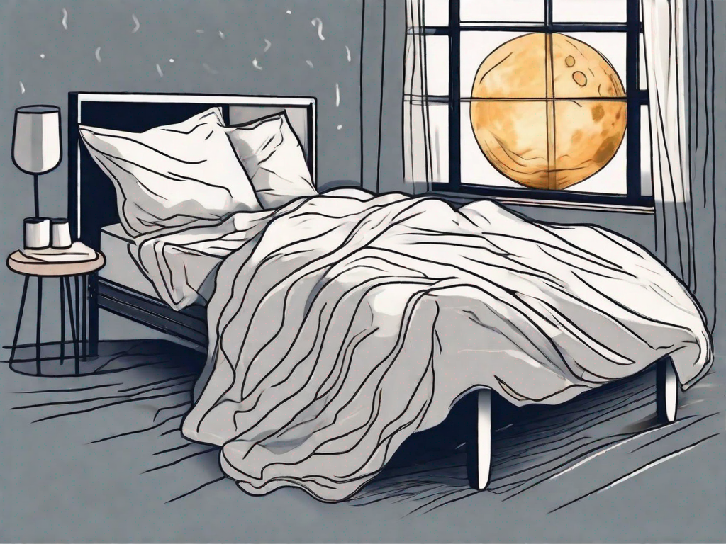 A restless bed with crumpled sheets and a glowing moon outside the window