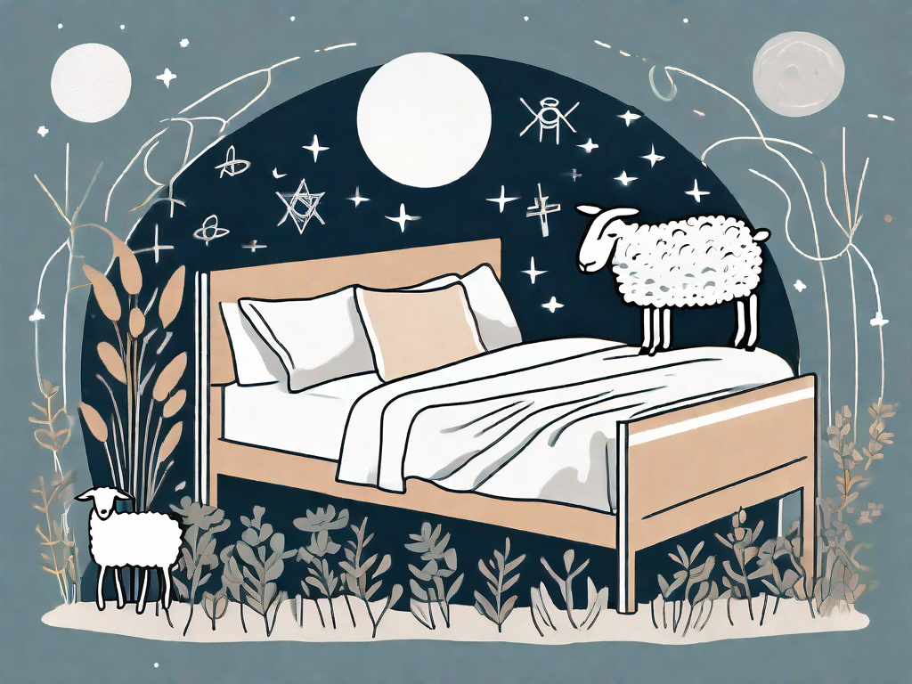 A bed surrounded by symbolic elements like a moon