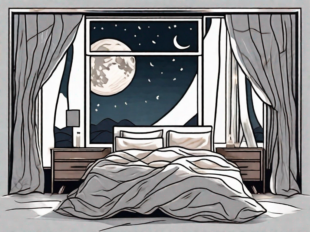 A bed with crumpled sheets and a glowing moon through a window