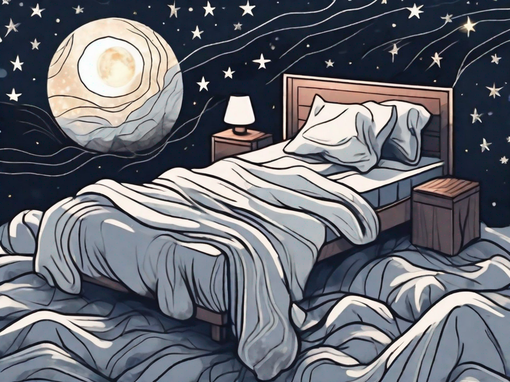 A restless bed with crumpled sheets surrounded by a dark