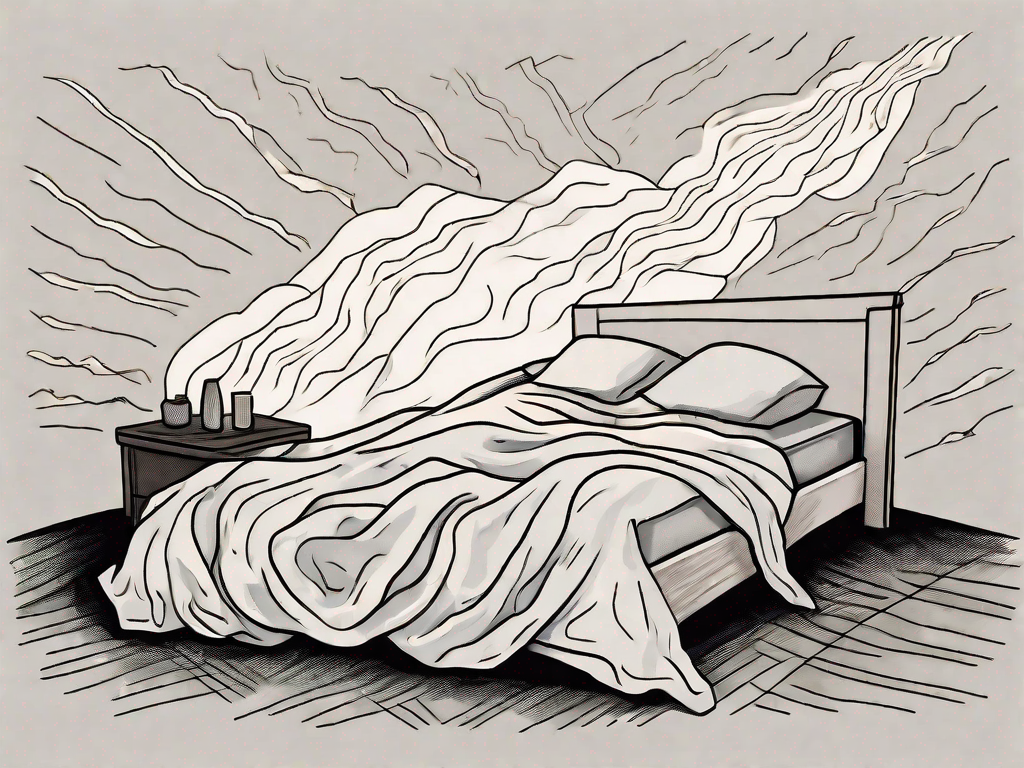 A restless bed with crumpled sheets next to a symbolic representation of a troubled stomach and intestines