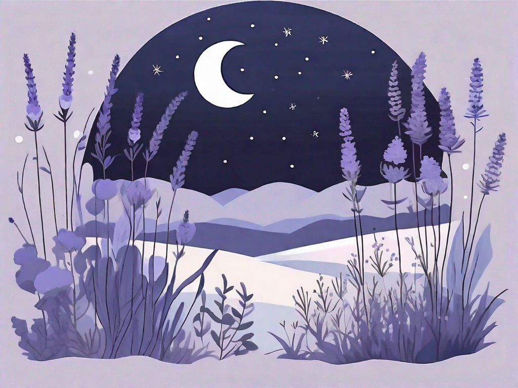 A peaceful night landscape with various herbs and plants known for their sleep-inducing properties