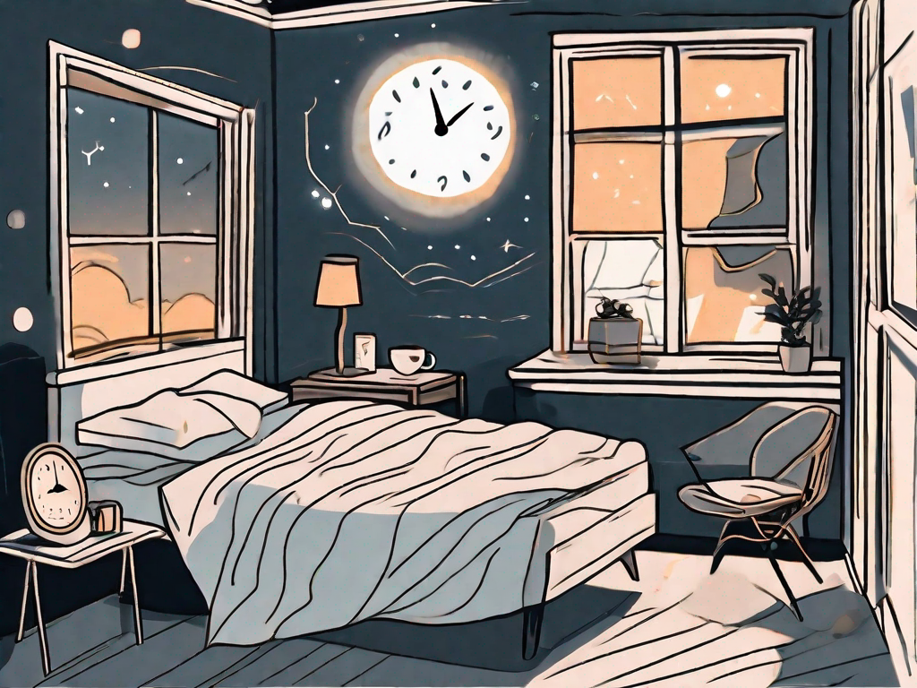 A bedroom scene at night with a bed in disarray