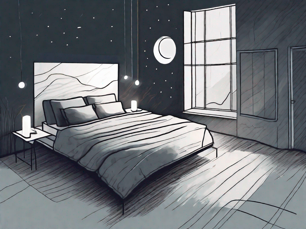 A dark bedroom with a moonlit window and a bed