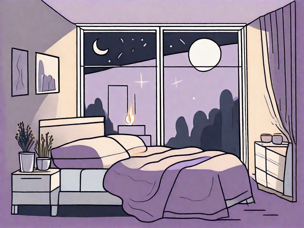 A tranquil bedroom scene at night with a moon shining through the window