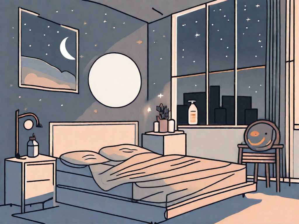 A bedroom at night with a moon shining through the window