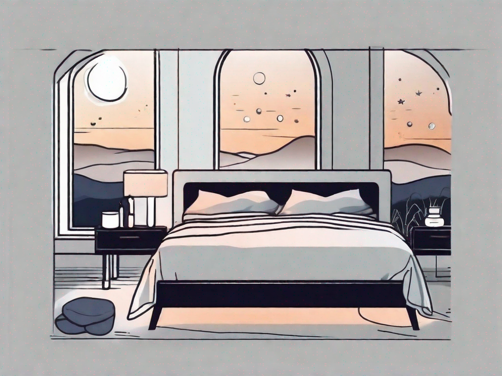 A bed surrounded by peaceful night scenery with a bottle of omega 3 capsules placed on the bedside table