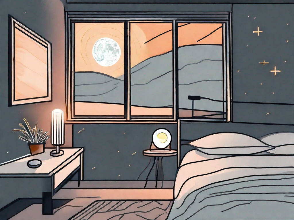 A bedroom at night with a moon shining through the window