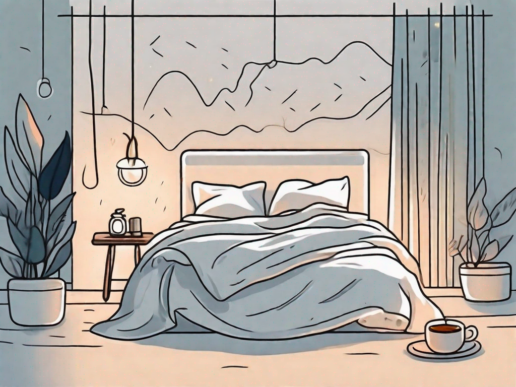 A bed with crumpled sheets and a thermometer