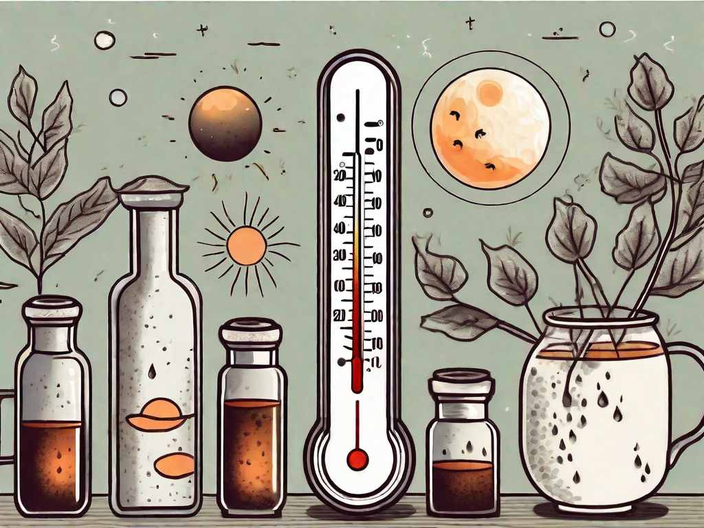 A thermometer indicating a high temperature next to a moon with wide-open eyes
