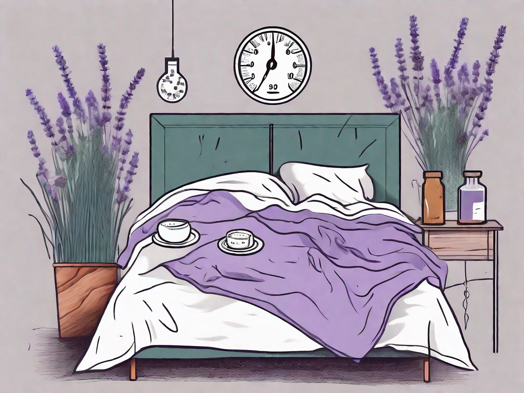 A bed with rumpled sheets and a thermometer