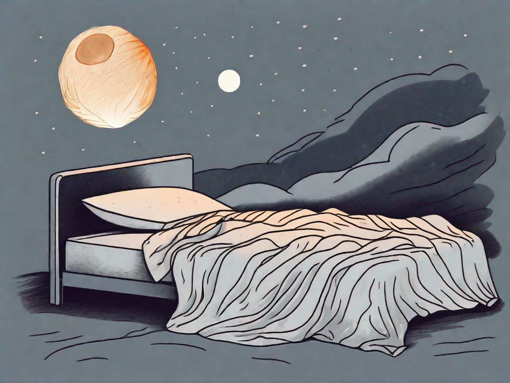 A night scene with a ginger root shaped moon casting light over a bed with disheveled sheets