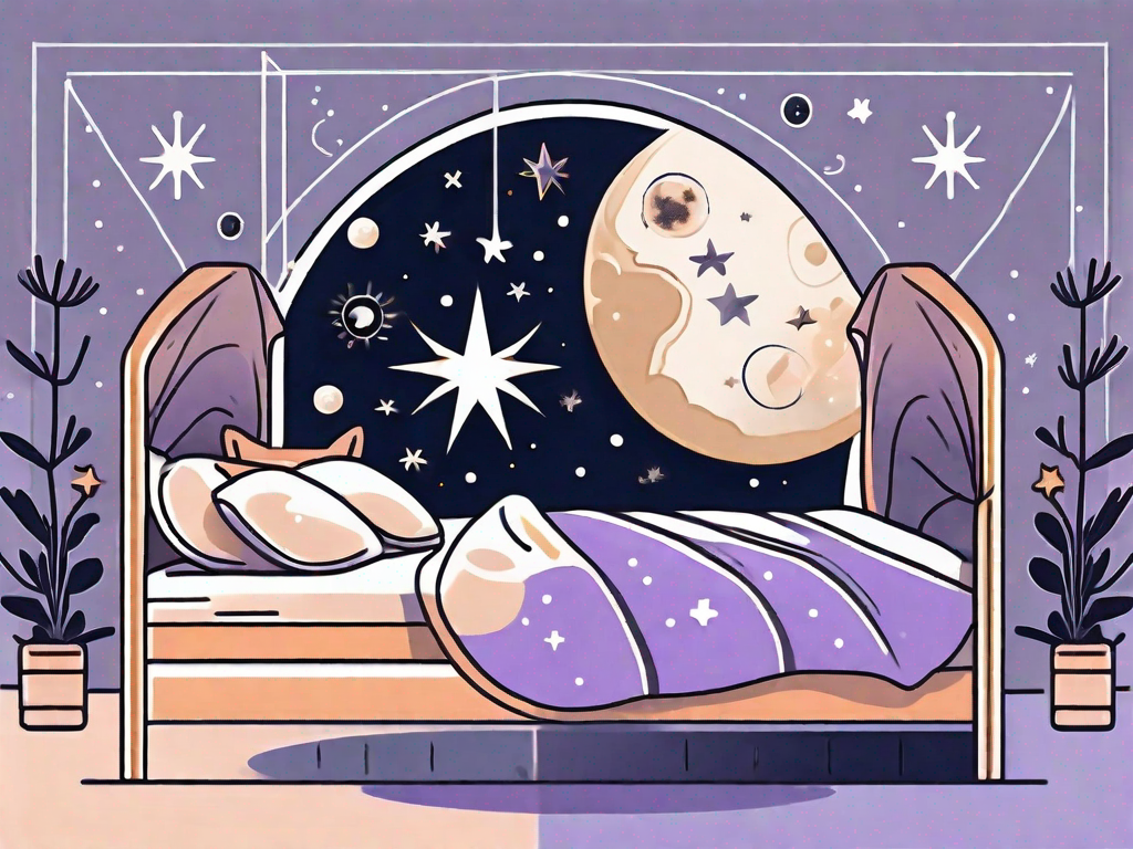 A bed with a moon and stars in the background