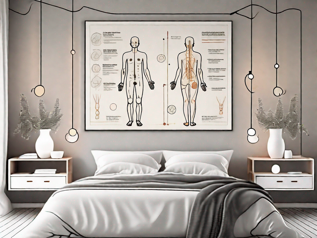 A tranquil bedroom setting with a diagram of a human body highlighting various acupressure points related to sleep disorders