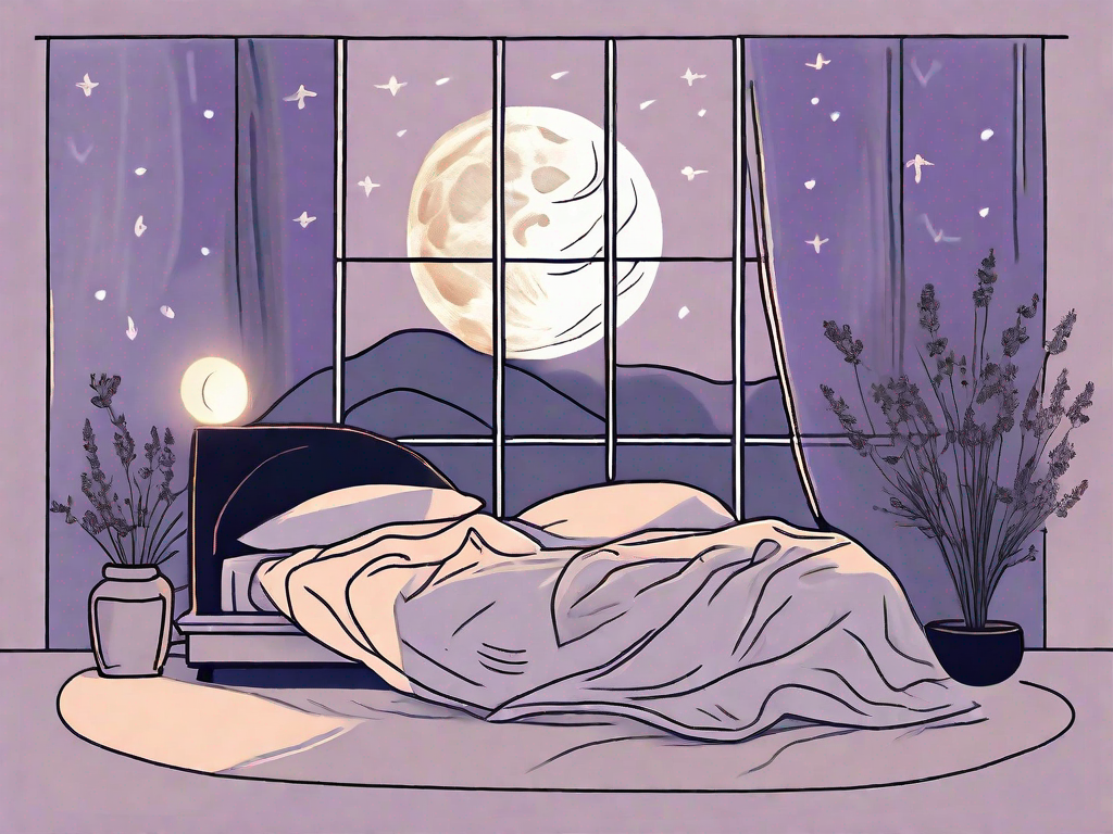 A restless bed with crumpled sheets and a glowing moon outside the window