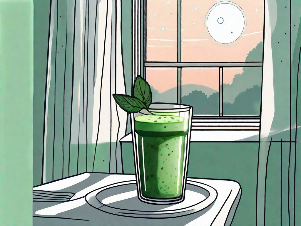 A serene bedroom environment with a glass of green detox smoothie on the bedside table and moonlight filtering through the window