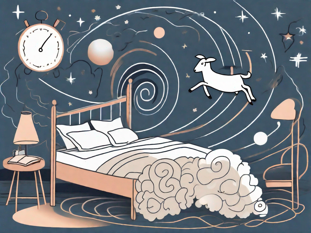 A bed with a chaotic swirl of dream-like images above it