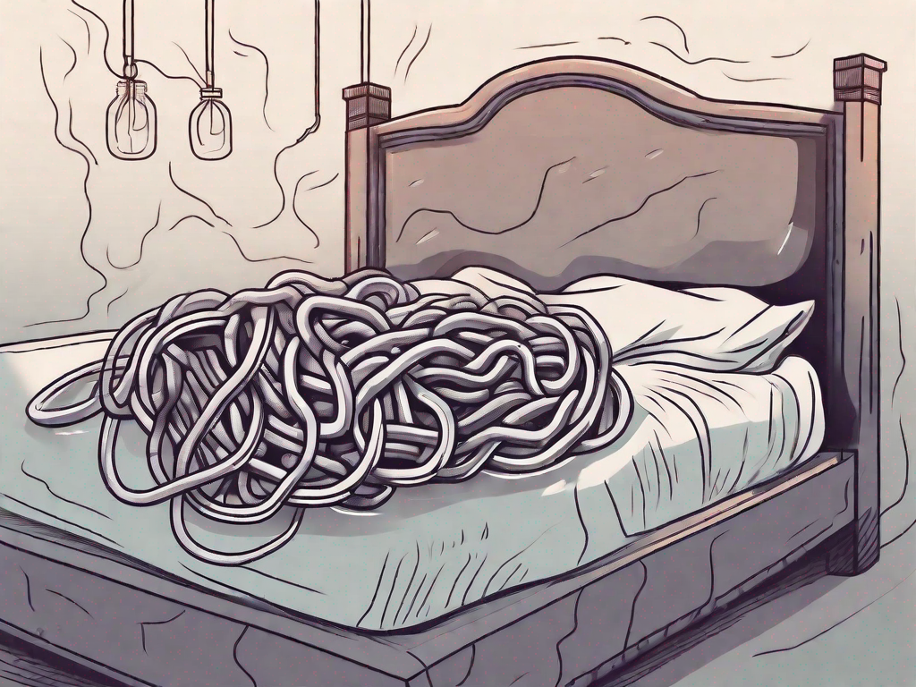 A bed tangled in a chain with a stomach and intestines