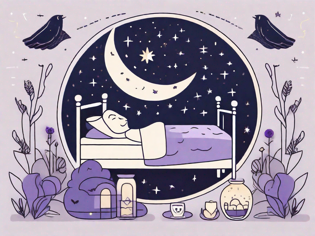 A bed surrounded by various symbols of night-time like the moon