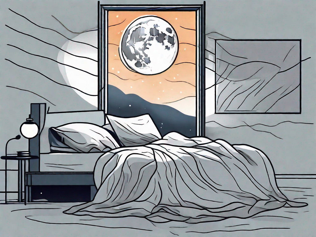 A restless bed with crumpled sheets and a glowing moon outside the window