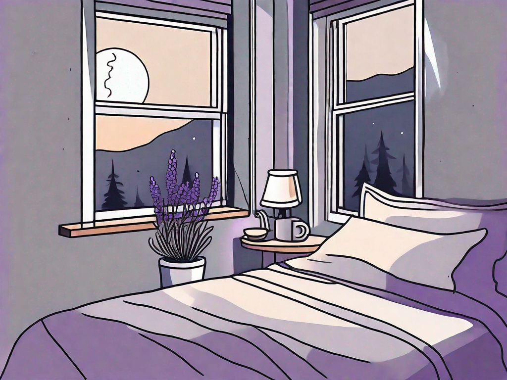 A tranquil bedroom setting with a cup of herbal tea on a bedside table