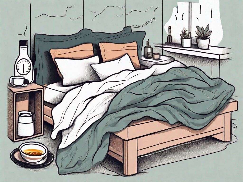 A bed with crumpled sheets and a thermometer on the nightstand