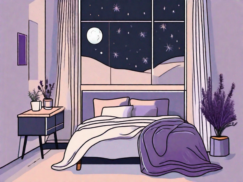 A bedroom setting at night with a moonlit window