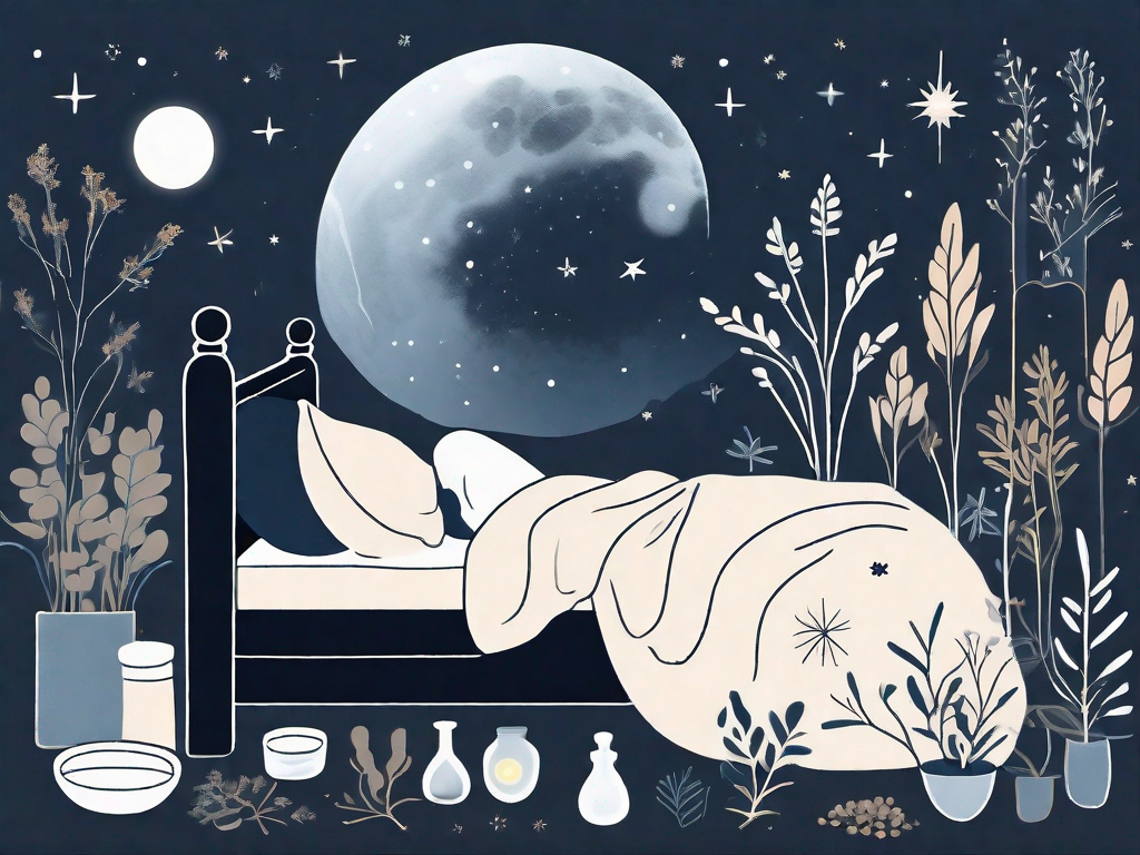 A serene night scene with various elements of nature like plants and herbs