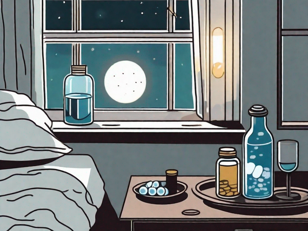 A nightstand with a lit lamp