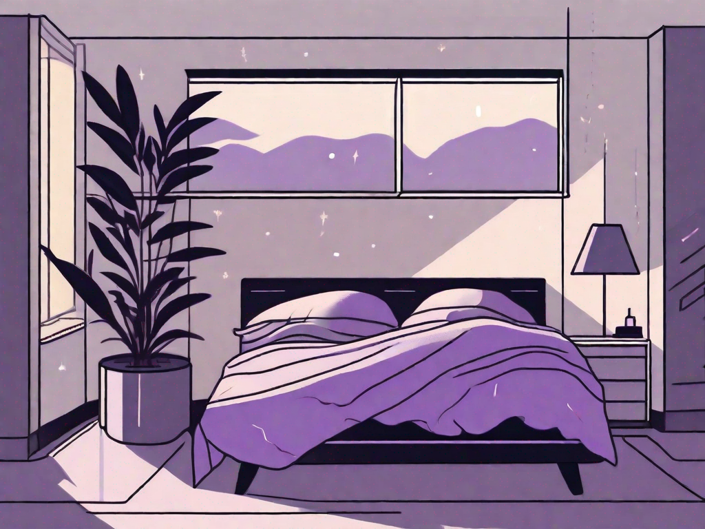 A bedroom scene at night with a comfortable bed