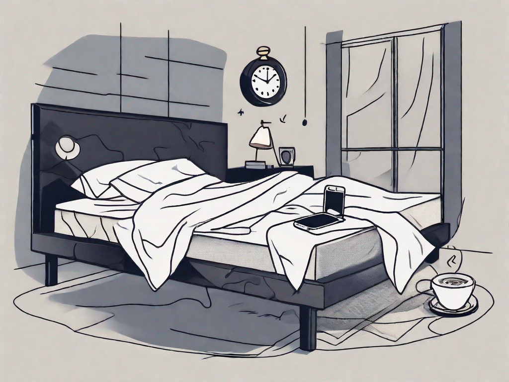 A restless bed with crumpled sheets and a nightstand with a dimly lit lamp and a clock showing midnight