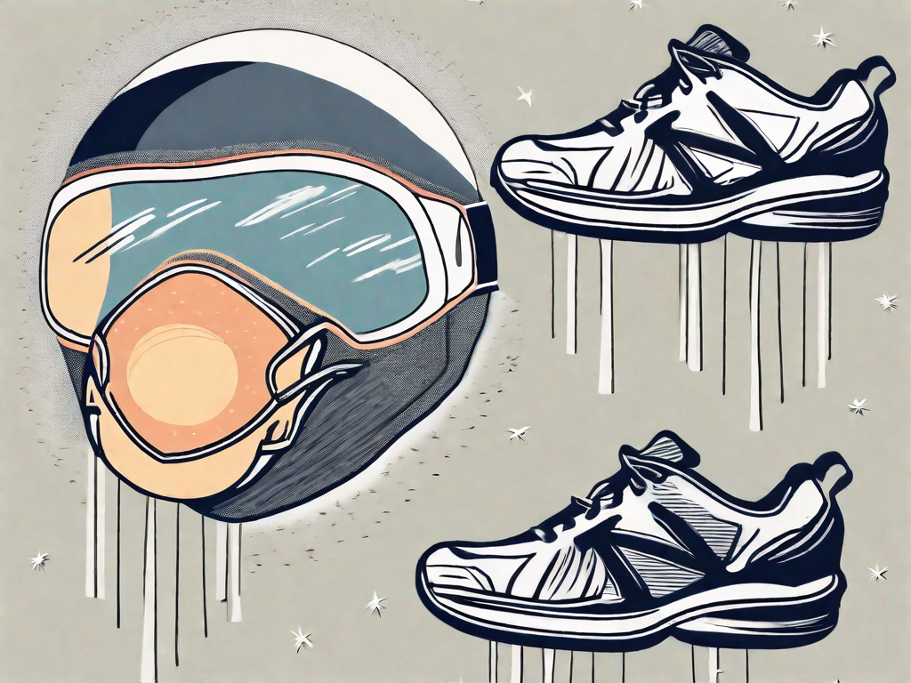 A pair of running shoes next to a sleep mask