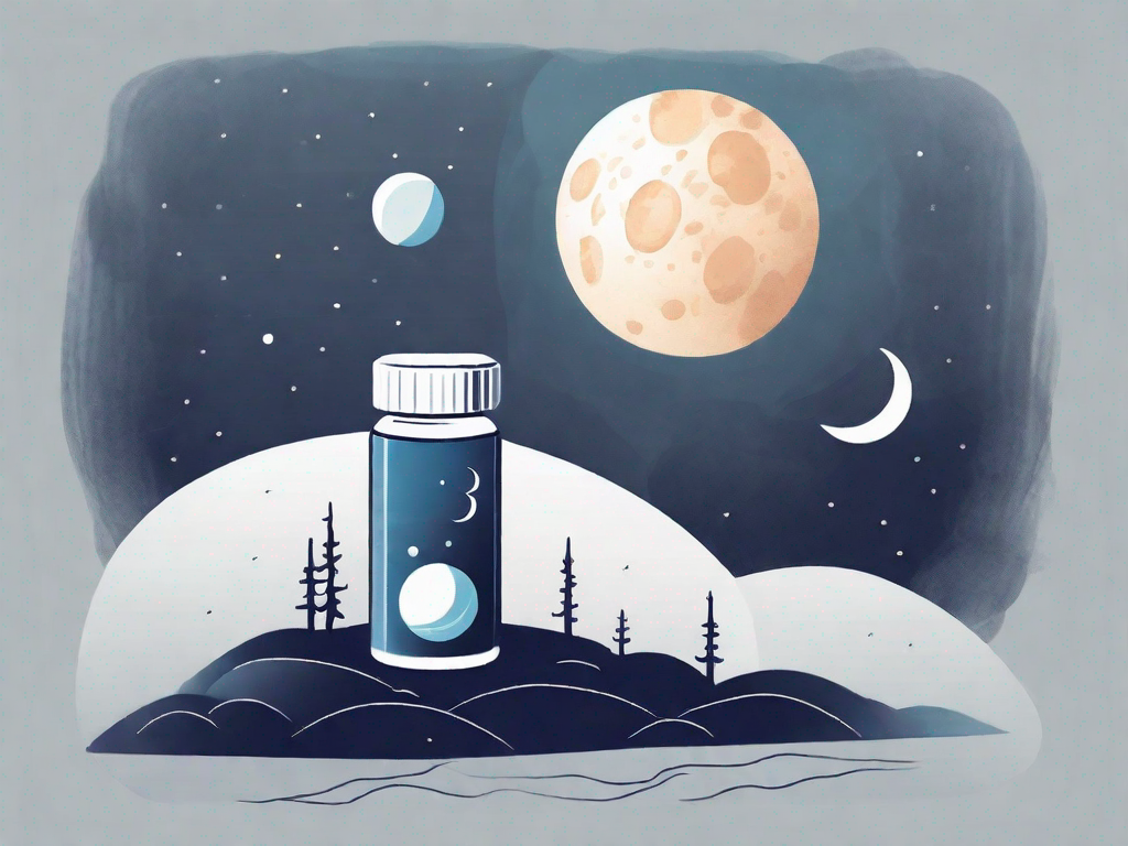 A pill bottle labeled 'cortison' next to a moon with zzz's floating around it