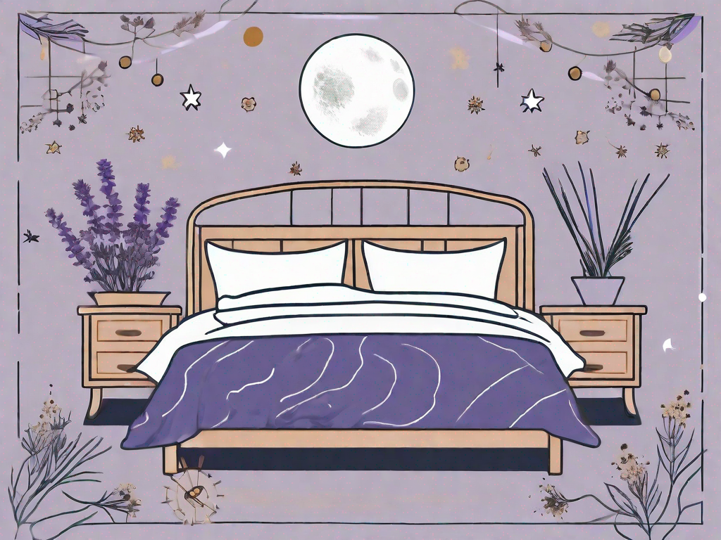 A bed surrounded by symbolic elements like a moon