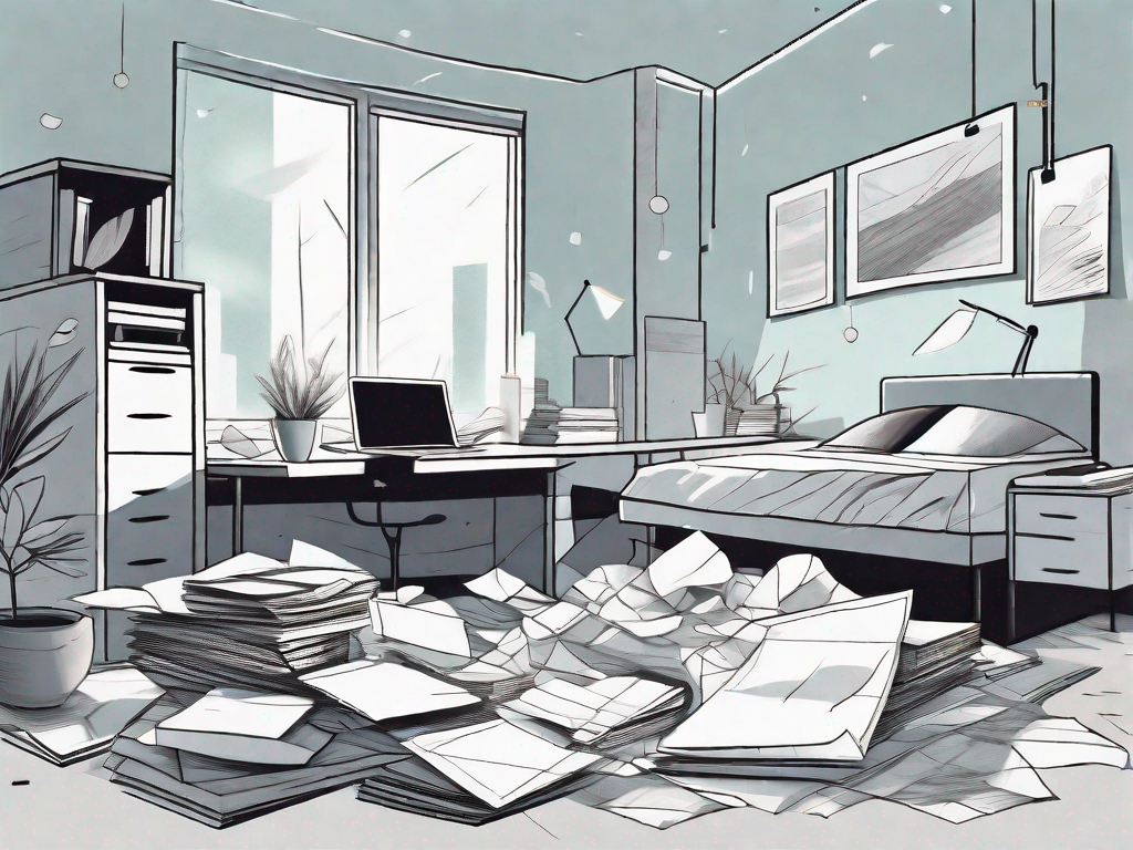 A chaotic office desk with scattered papers and a computer