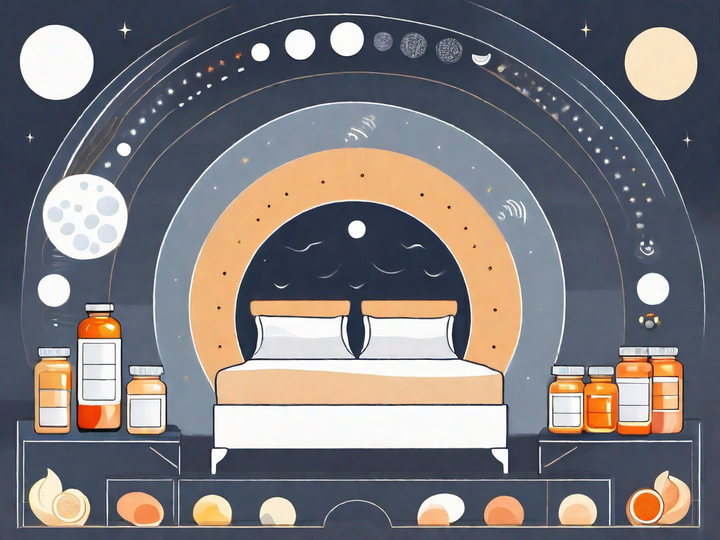 A bed surrounded by different types of vitamins and supplements