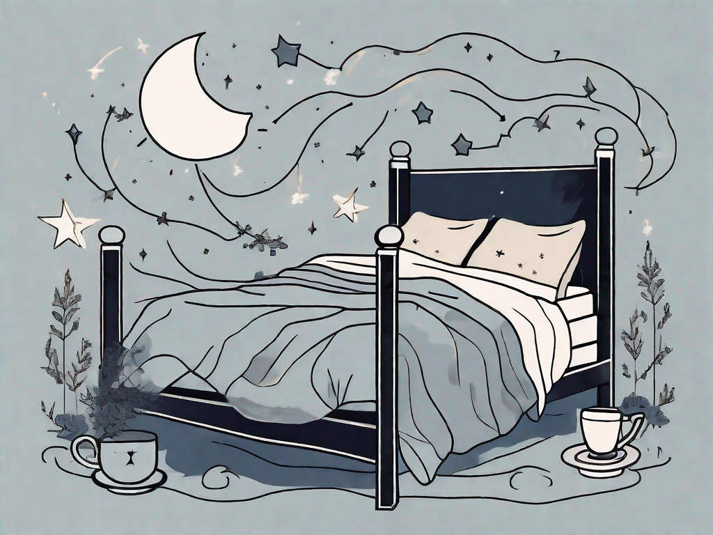 A bed surrounded by symbolic elements such as a moon