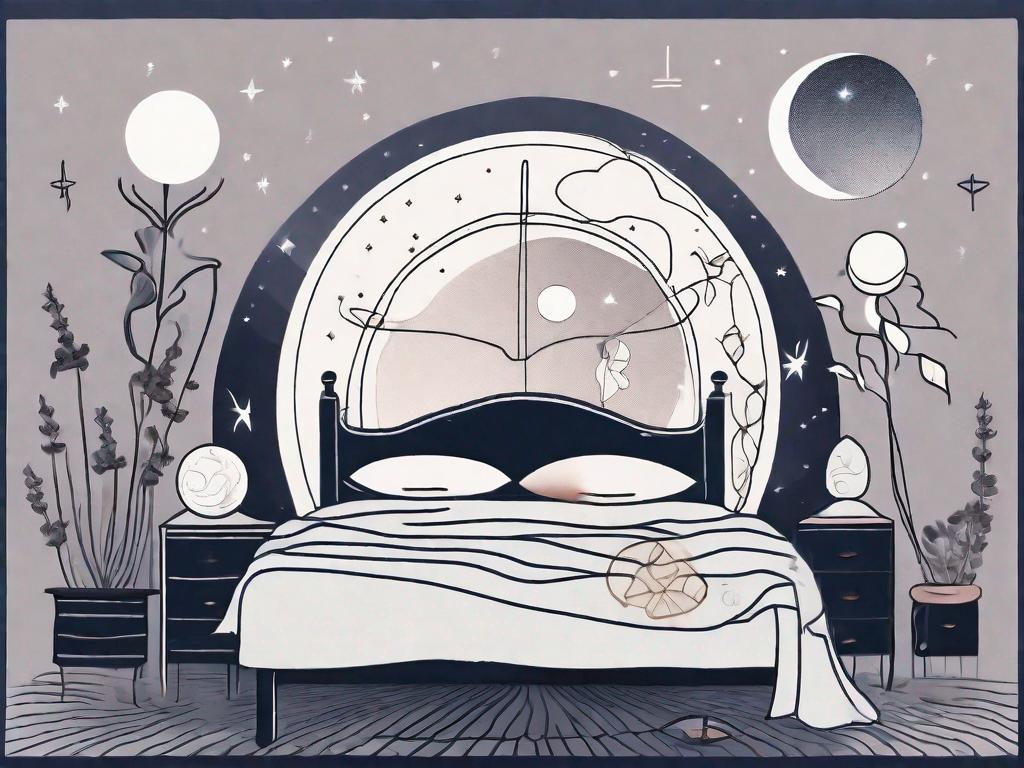 A night scene with a bed surrounded by symbols of menopause like a broken hourglass