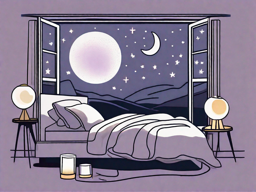 A bed surrounded by various sleep aids like a white noise machine