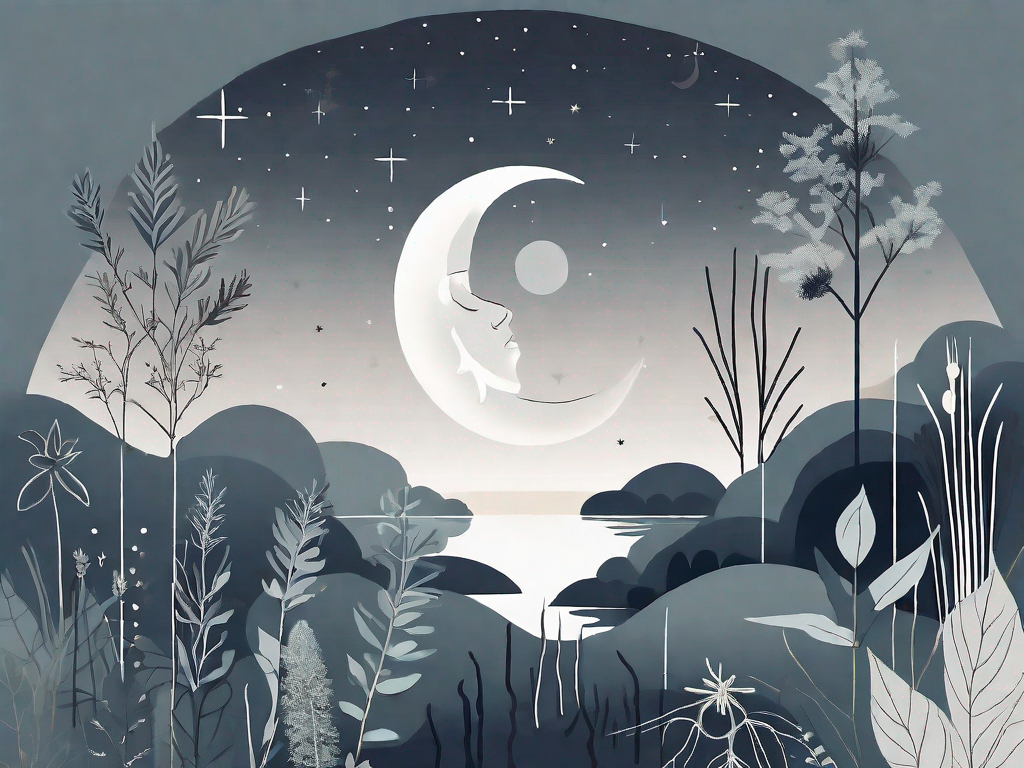 A peaceful nighttime scene featuring various natural elements such as herbs