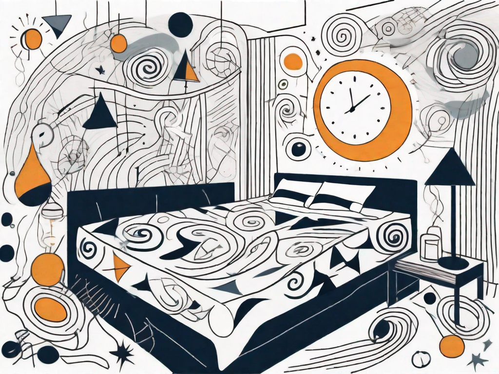 A bed surrounded by a chaotic swirl of abstract symbols and shapes