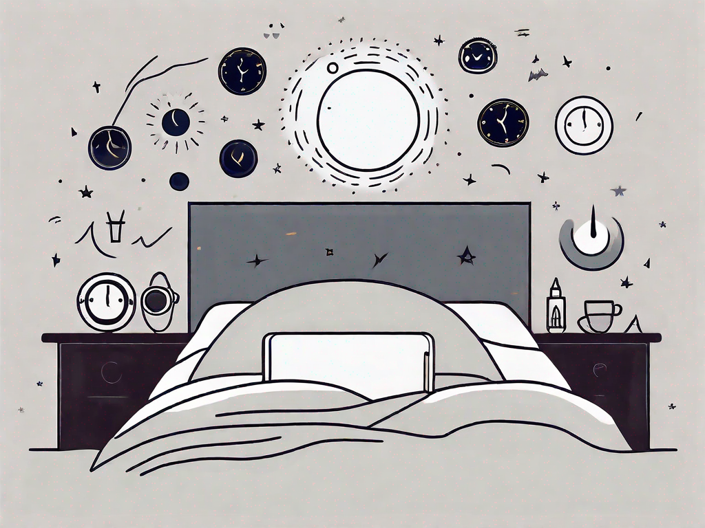 A bed surrounded by various symbols of night-time disturbances such as a loud alarm clock