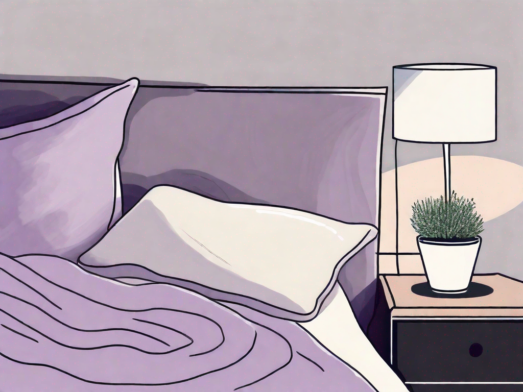 A pregnancy pillow and a night lamp on a bedside table with a soothing lavender plant nearby