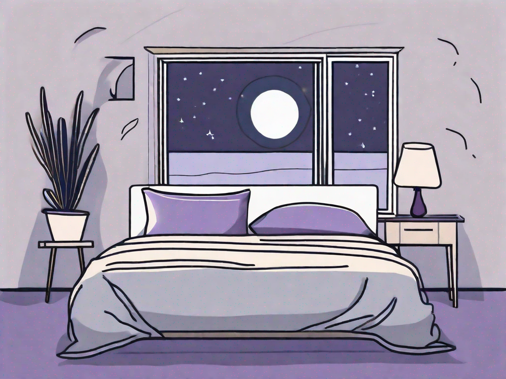 A serene bedroom setting at night with a comfortable bed
