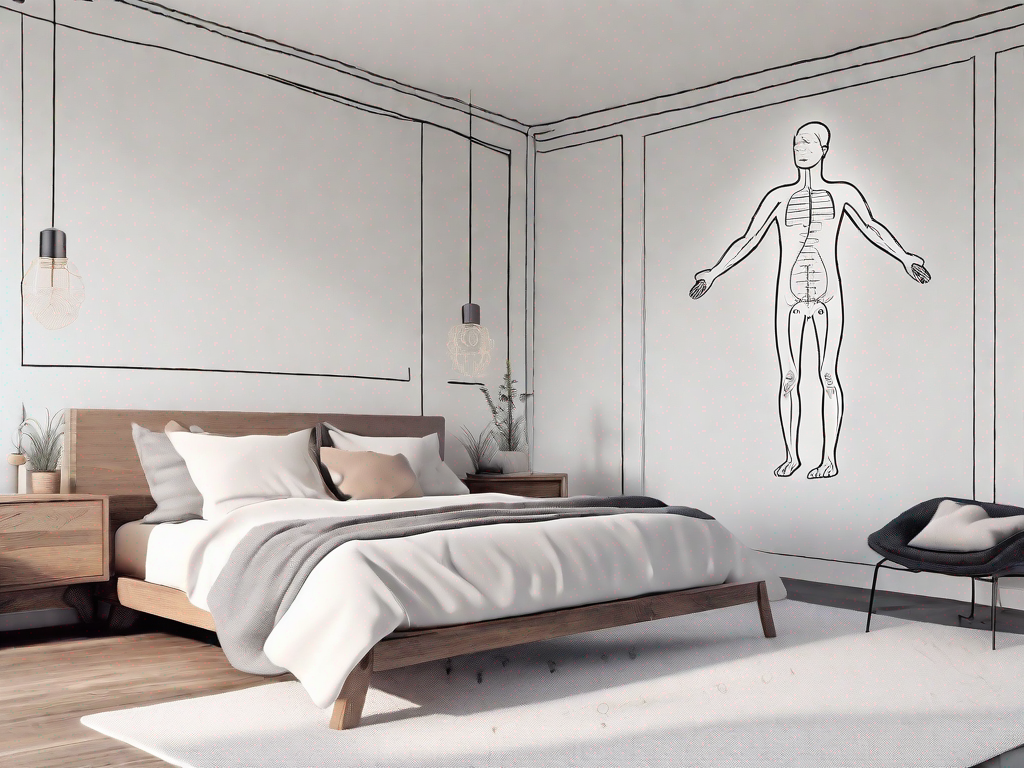 A serene bedroom environment with a highlighted diagram of a human body showcasing various akupressurpunkte (acupressure points) related to treating insomnia