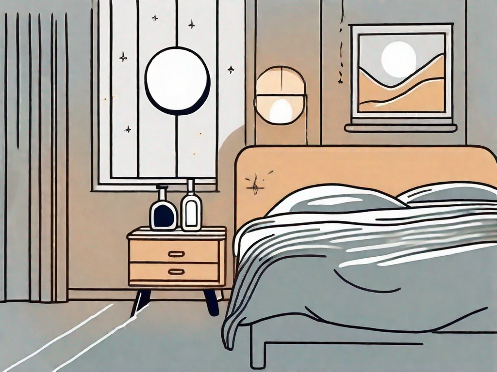 A moonlit bedroom with a bottle of vitamin d on the bedside table