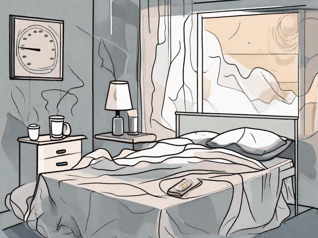 A bed with crumpled sheets and a thermometer on the bedside table