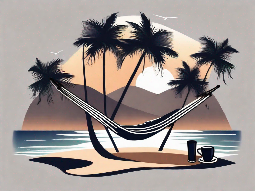 A tranquil night-time beach scene with a hammock tied between two palm trees