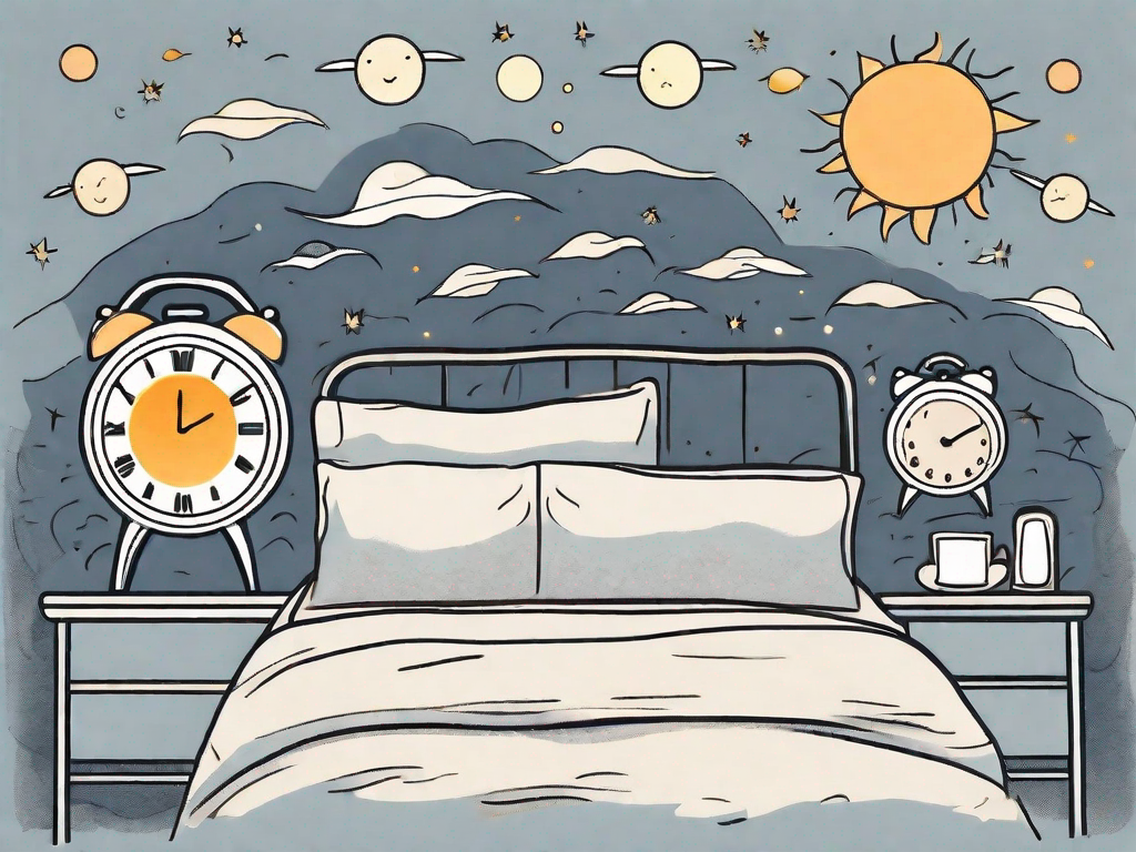 A bed surrounded by a variety of alarm clocks showing different times